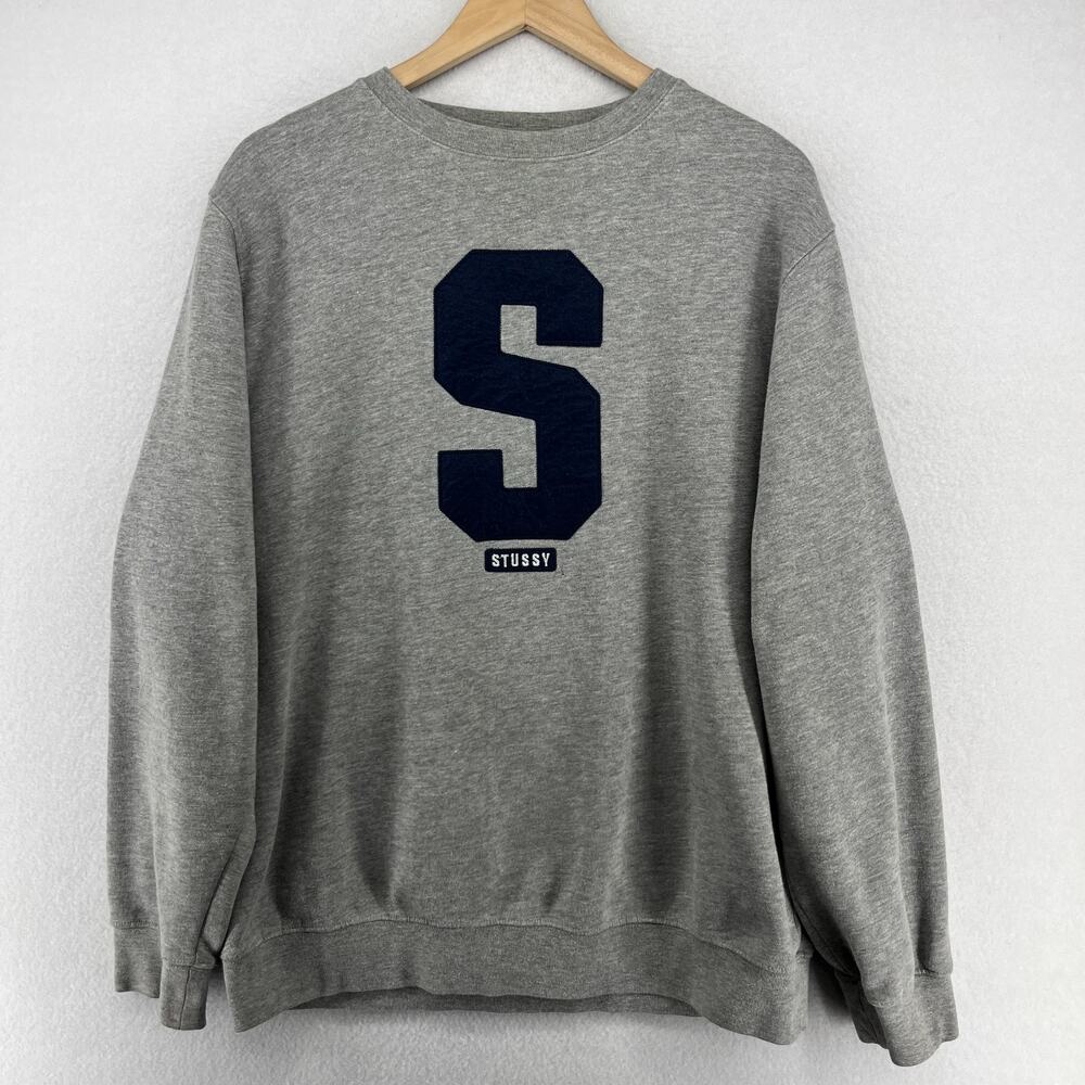 STUSSY Sweatshirt Mens 2XL State Crew Fleece Pullover Cotton Blend Gray USA VTG - Picture 1 of 14